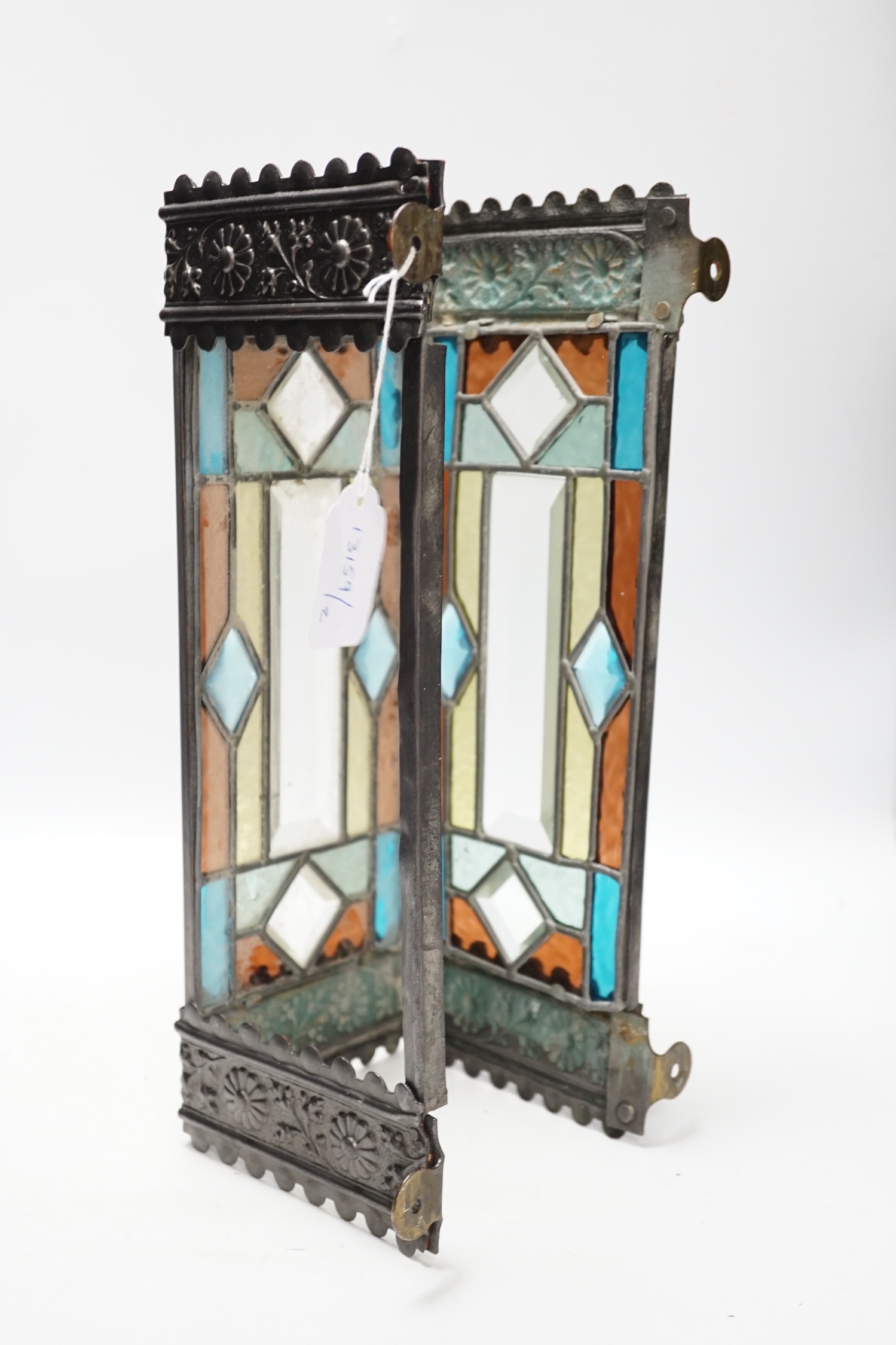 A stained glass three sided wall light, 38cm high